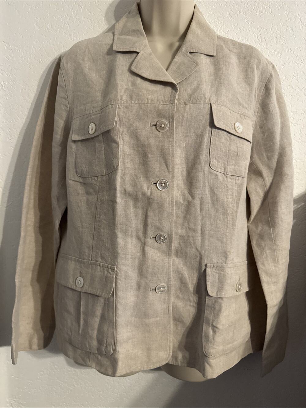 Lands End Linen Jacket Size 14 Collar Buttons Pockets Long Sleeve Classic Office